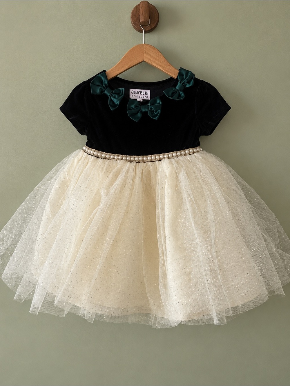 Blueberi Boulevard Dark Green Velvet & Ivory Tulle Holiday Dress – 6/9M